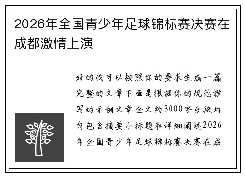 2026年全国青少年足球锦标赛决赛在成都激情上演