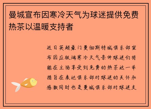 曼城宣布因寒冷天气为球迷提供免费热茶以温暖支持者 曼城宣布因寒冷天气为球迷提供免费热茶以温暖支持者